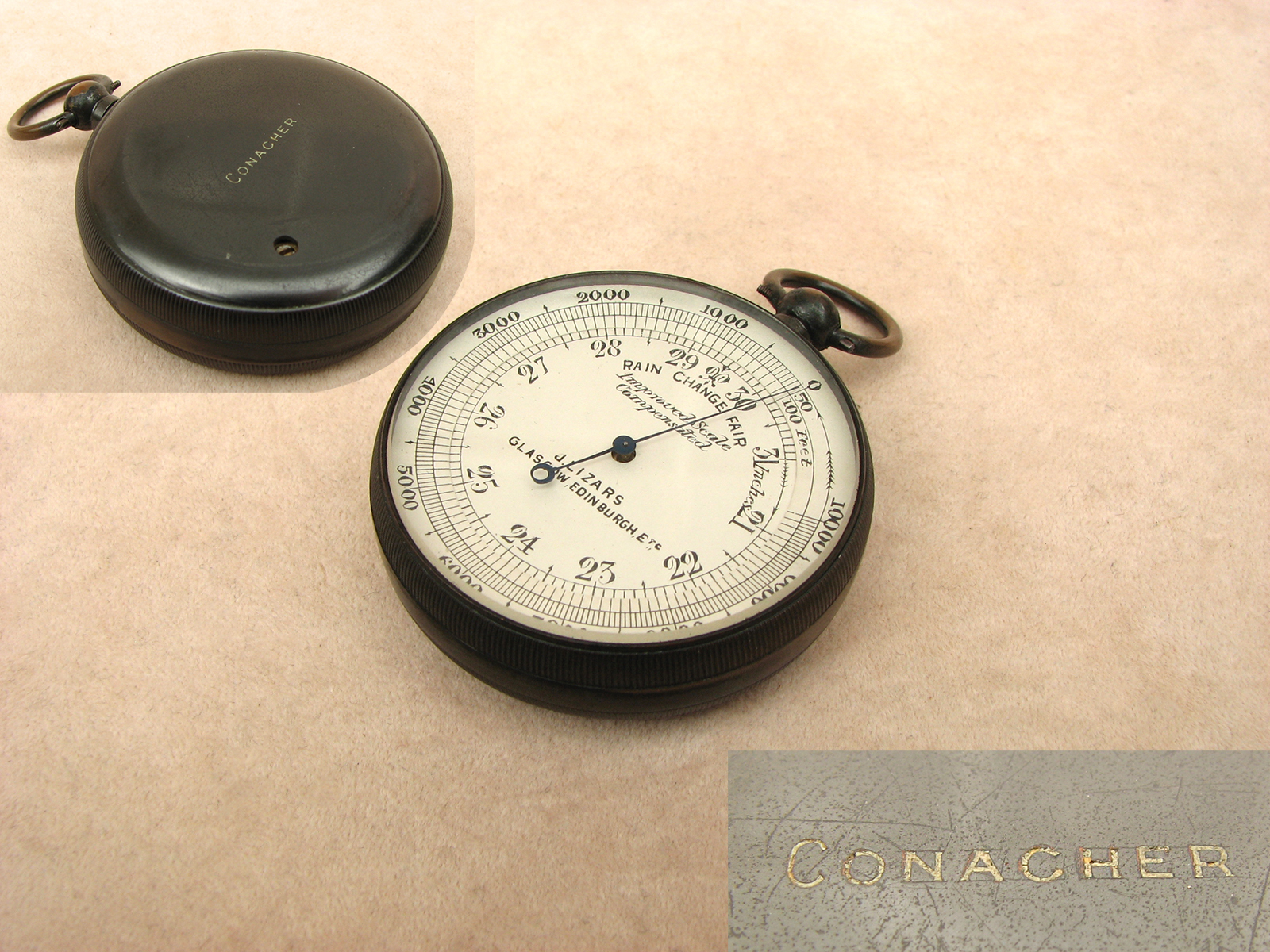 J Lizars pocket barometer & altimeter with Conacher inscription